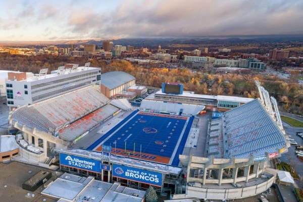 An aerial view of the Broncos football stadium and surrounding locations.