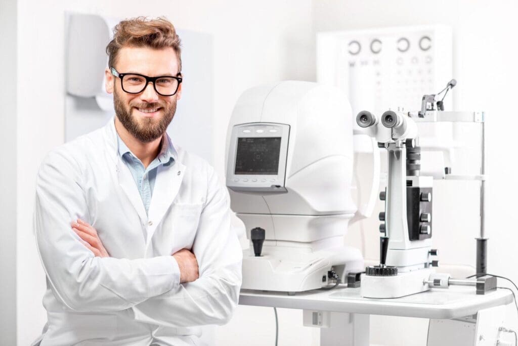 Optometrist, best eye doctor in Boise, standing confidently in his clinic beside eye examination equipment.