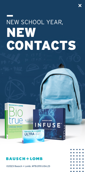 A blue backpack next to boxes of Bausch + Lomb contact lenses with the text "New School Year, New Contacts from Eye Pros.