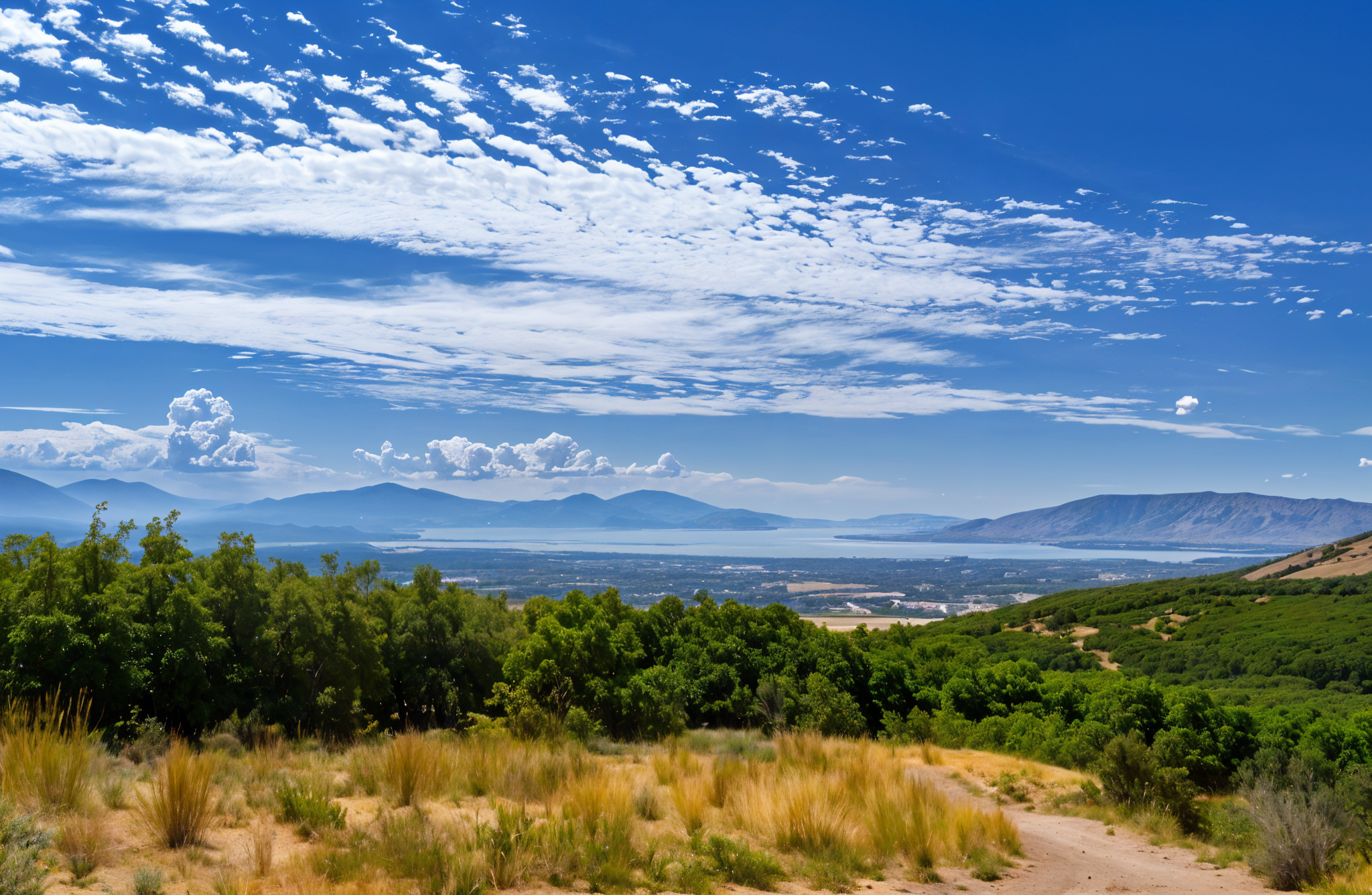 A scenic view unfolds, revealing a lush green landscape with a dirt path, distant mountains, and a shimmering lake under a blue sky with scattered clouds—a sight even an eye doctor in Boise would admire.