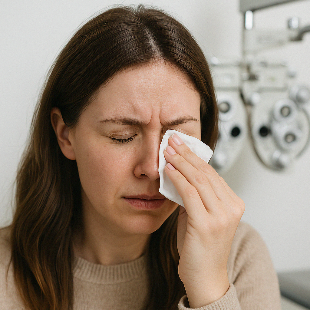 A woman with long brown hair holds a tissue to her closed eye, appearing to be in discomfort—possibly from dry eyes—with medical equipment visible in the background, suggesting she may be visiting Eye Specialists in Twin Falls.