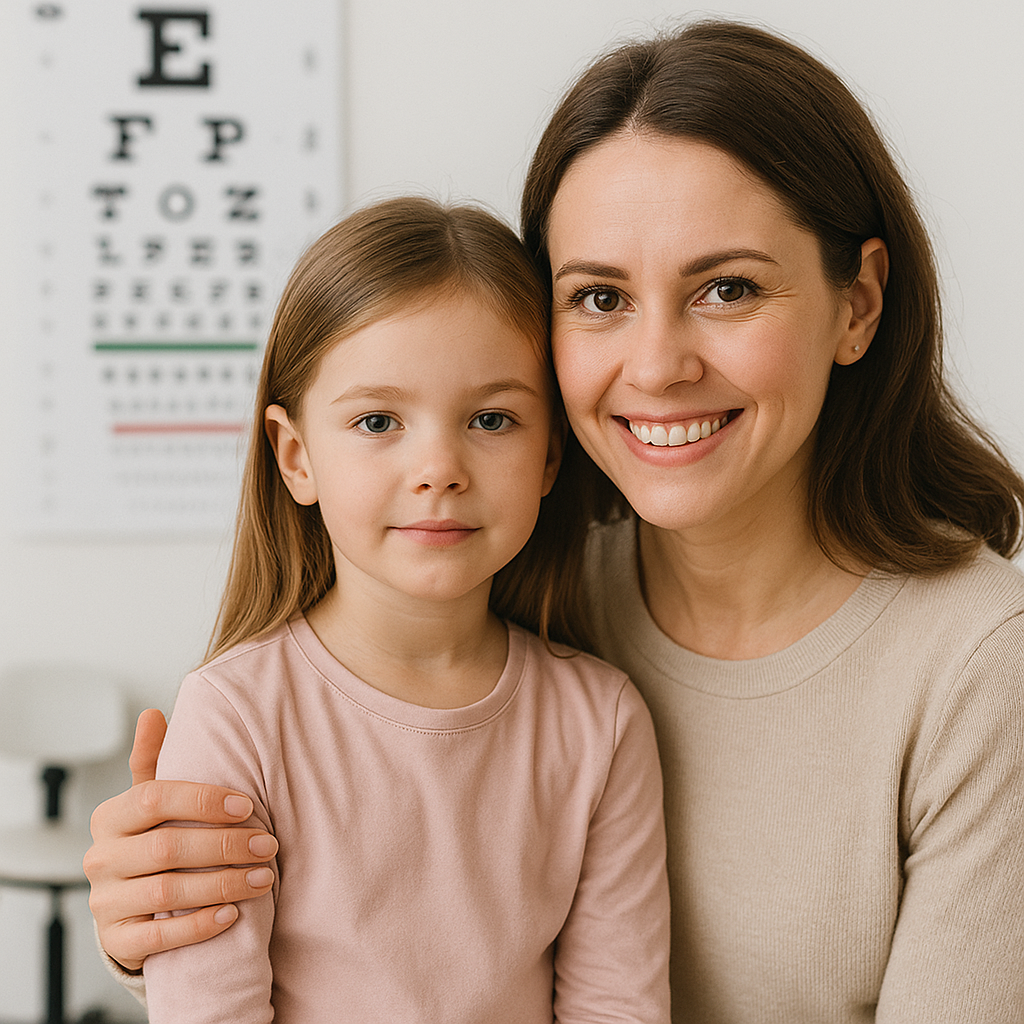 A woman and a young girl sit together and smile in an eye doctor's office in Boise, with an eye chart in the background—a comforting scene for any parent guide to preparing for a child eye exam.