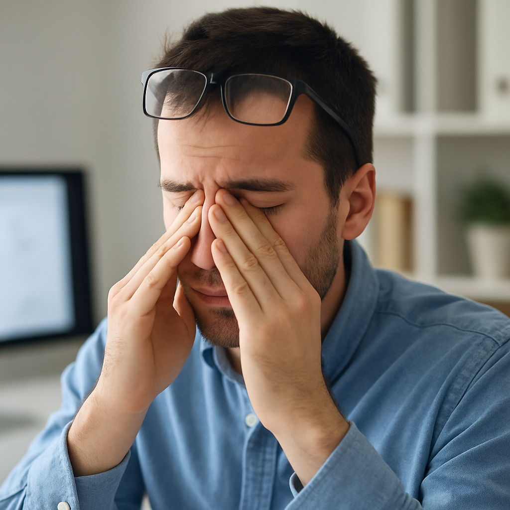 A man wearing glasses and a blue shirt sits indoors, rubbing his eyes with both hands, appearing tired—classic signs of digital eye strain. Logan eye experts can help reverse digital eye strain for lasting comfort.