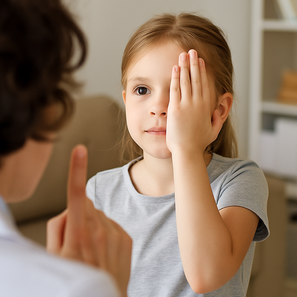 A young girl covers one eye with her hand while looking at an adult holding up a finger, likely during a vision test in Layton to check for early signs of vision problems in kids.