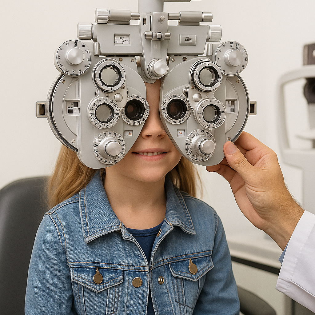 A child wearing a denim jacket sits quietly during an eye exam as an optometrist in Nampa adjusts the phoropter.