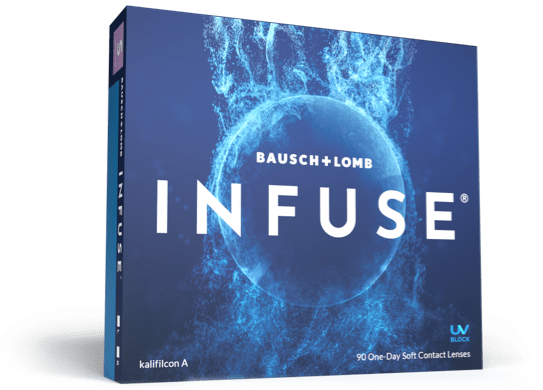 Box of Bausch + Lomb INFUSE one-day soft contact lenses with a blue water sphere design on the packaging, perfect for your next Idaho Falls Google Ads campaign.