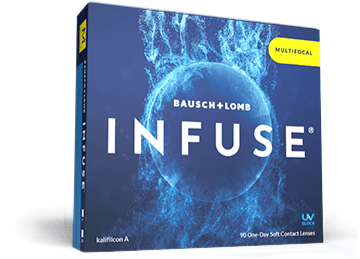 Blue box of Bausch + Lomb INFUSE Multifocal contact lenses, featuring a large blue sphere design and marked for UV block and one-day use—perfect for your next Google Ads campaign in Idaho Falls.