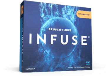 Blue box of Bausch + Lomb INFUSE contact lenses for astigmatism, featured in a Google Ads campaign, with a glowing sphere graphic and product branding on the front.