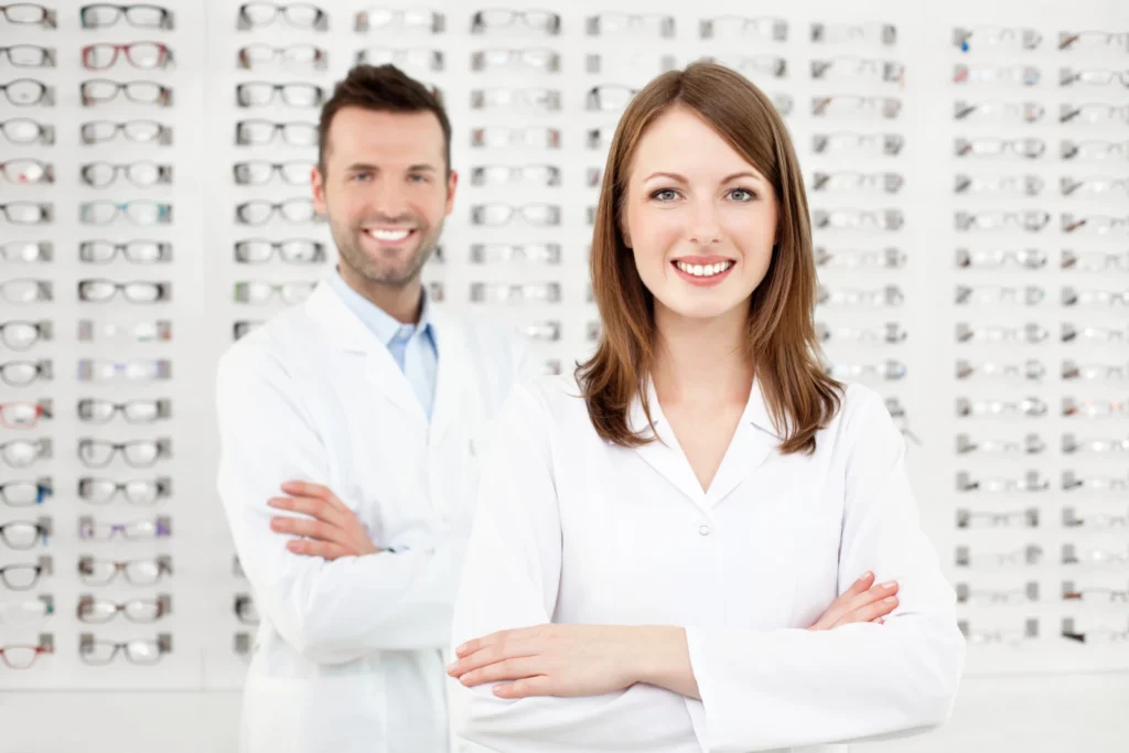 Two optometrists wearing white lab coats stand in front of a display wall filled with eyeglasses, smiling at the camera, ready to help Idaho Falls residents find the perfect frames as part of their latest campaign.