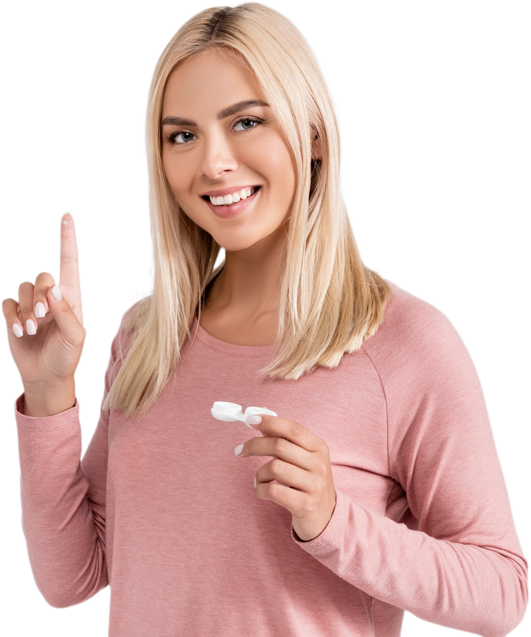 A woman with blonde hair wearing a pink long-sleeve shirt is smiling, holding a tampon in one hand and raising her index finger with the other—perfect for your Idaho Falls health campaign.
