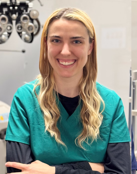 A woman wearing green medical scrubs stands indoors, smiling at the camera with medical equipment visible in the background, suggesting she may be one of the skilled eye doctors at this clinic.