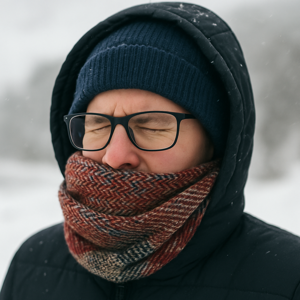 A person wearing glasses, a winter jacket, hat, and scarf stands outside with eyes closed, likely protecting their eyes from the cold and windy weather typical of Pocatello winters.