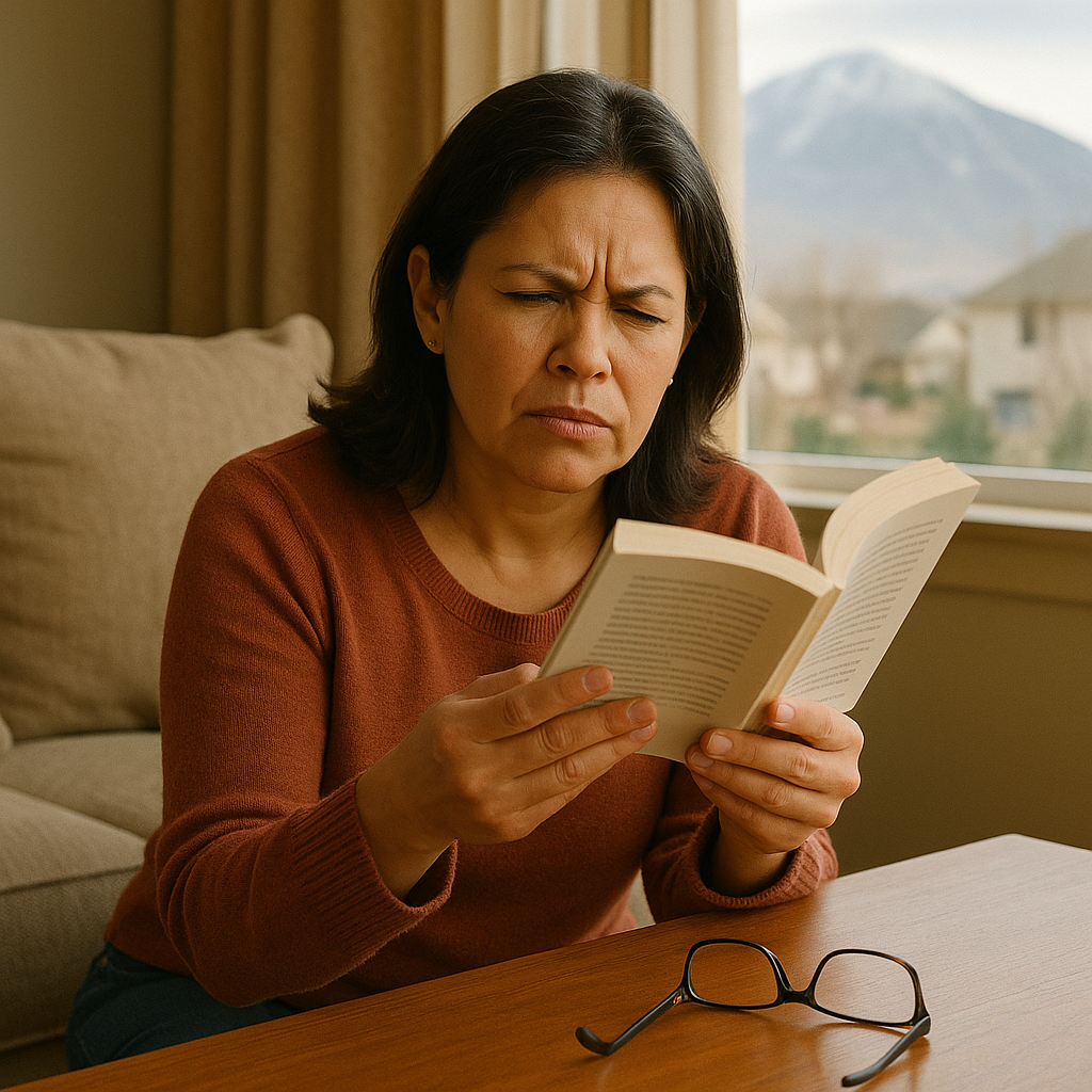 A woman sits on a couch in Spanish Fork, squinting at a book she is reading while holding her reading glasses—perhaps noticing early signs of needing them more often.