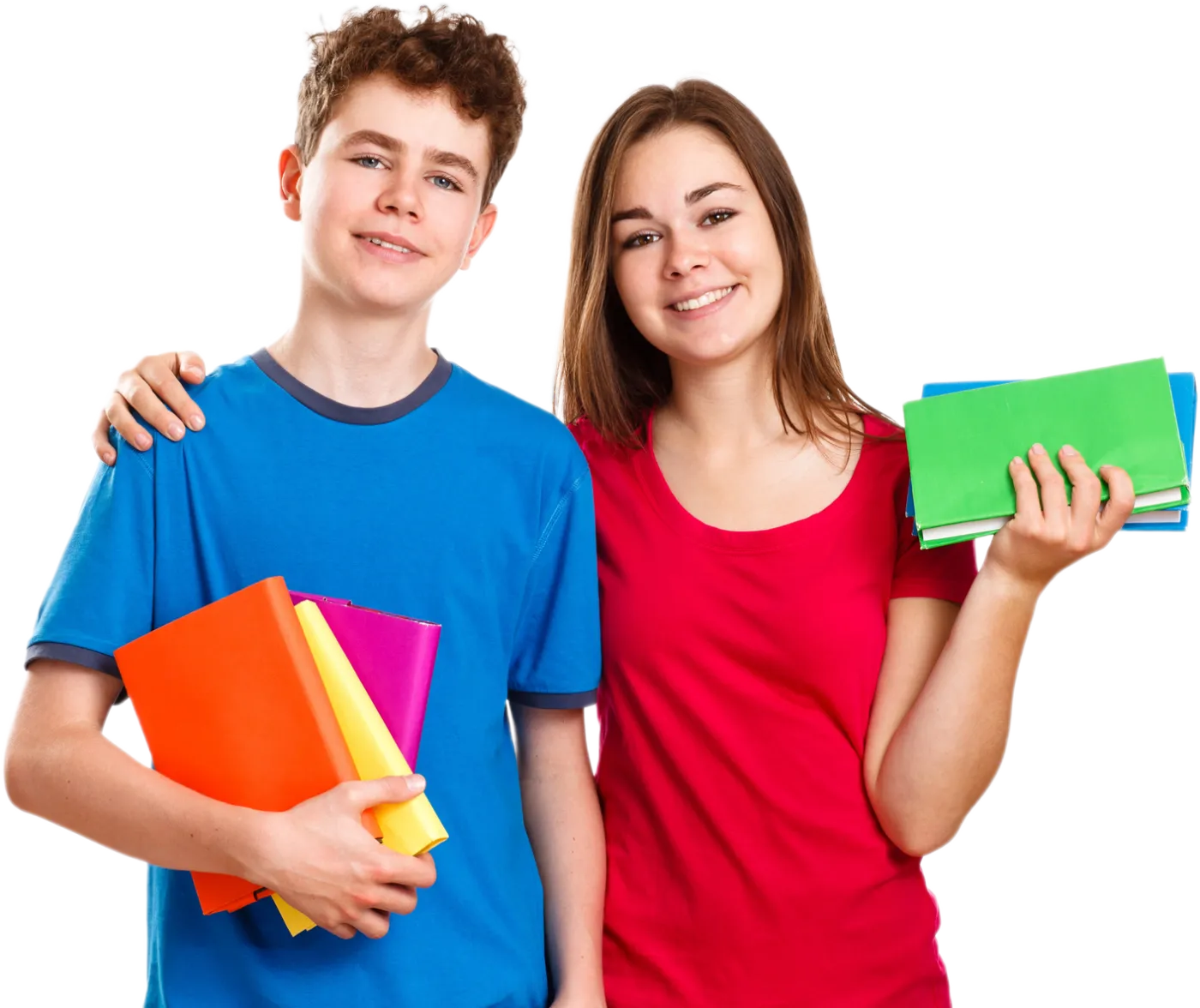 Two teenagers, one boy and one girl, stand side by side in Idaho Falls, holding colorful notebooks and smiling at the camera, perfect for your next campaign.