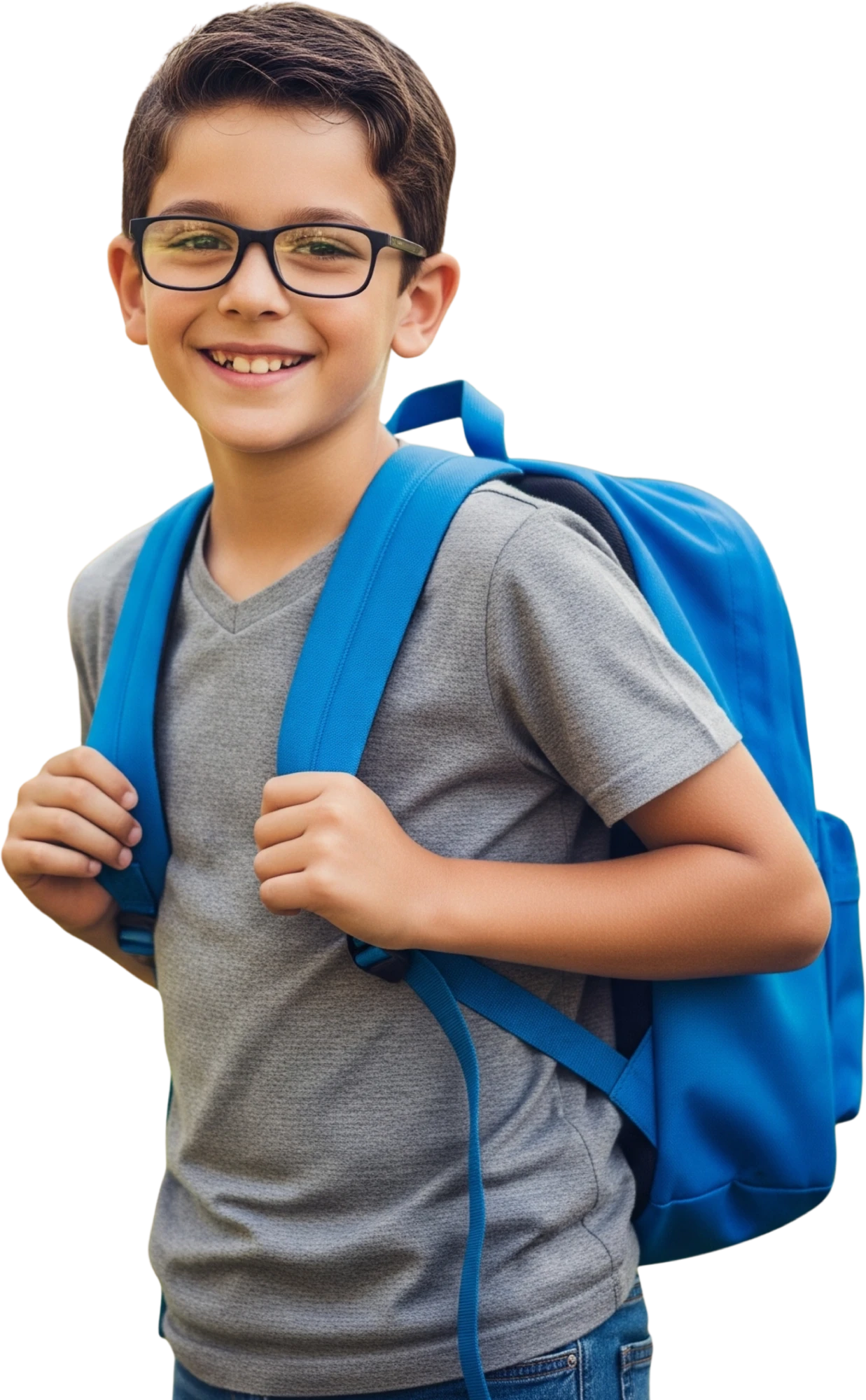 A boy wearing glasses, a gray t-shirt, and jeans smiles while carrying a blue backpack—ready for his Infuse 2025 back-to-school adventure.