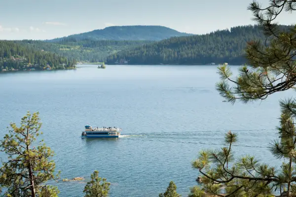 A boat cruises across a calm lake surrounded by pine trees and forested hills under a clear sky.