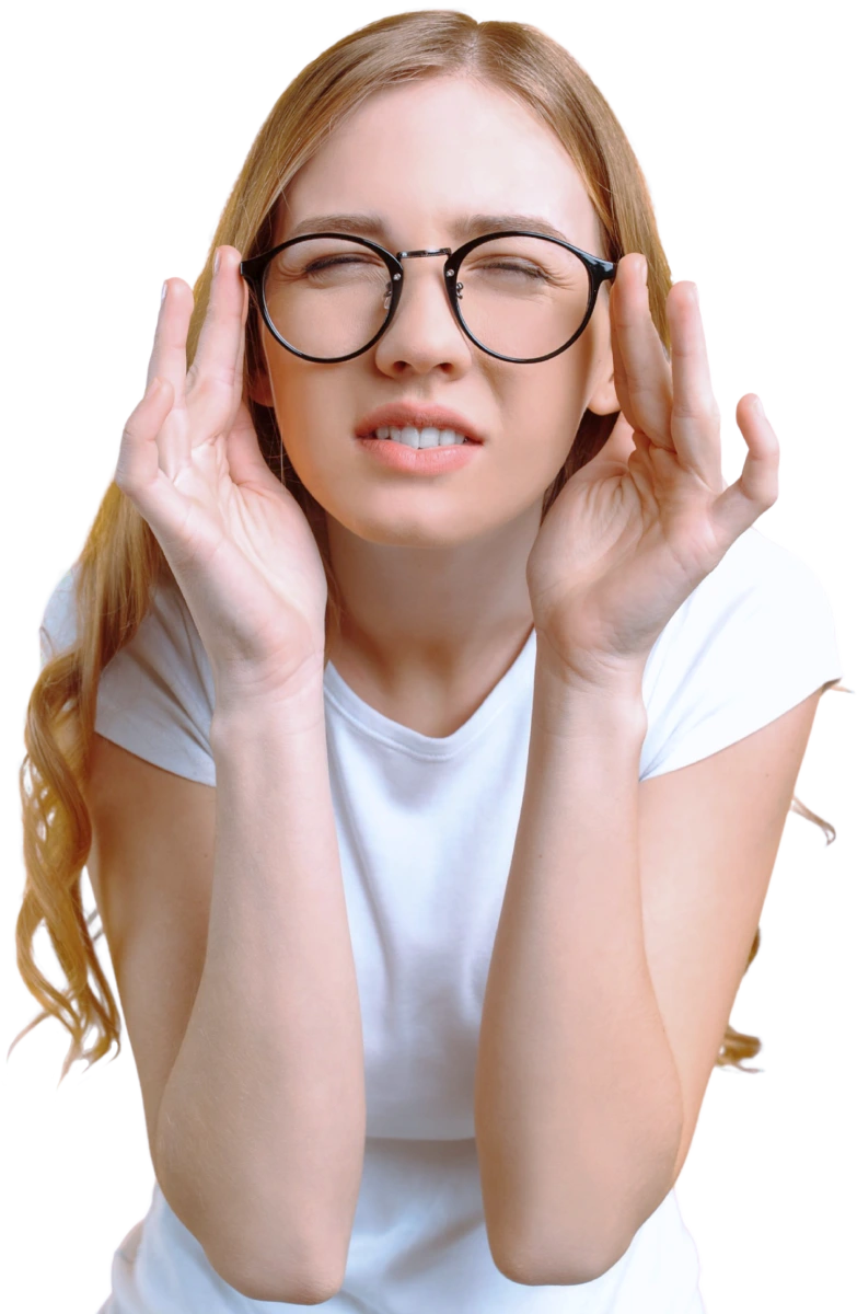 A woman in a white t-shirt squints and adjusts her round glasses with both hands, looking forward with a strained expression—as if preparing for an eye exam at Weber State.