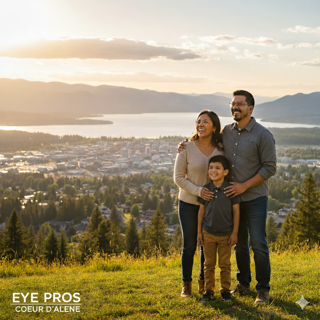 A family of three stands on a grassy hill overlooking a city and lake at sunset, mountains in the background. Text reads "EYE PROS COEUR D'ALENE" in the corner, highlighting The Eye Pros’ dedication to quality eye care in Coeur d'Alene.