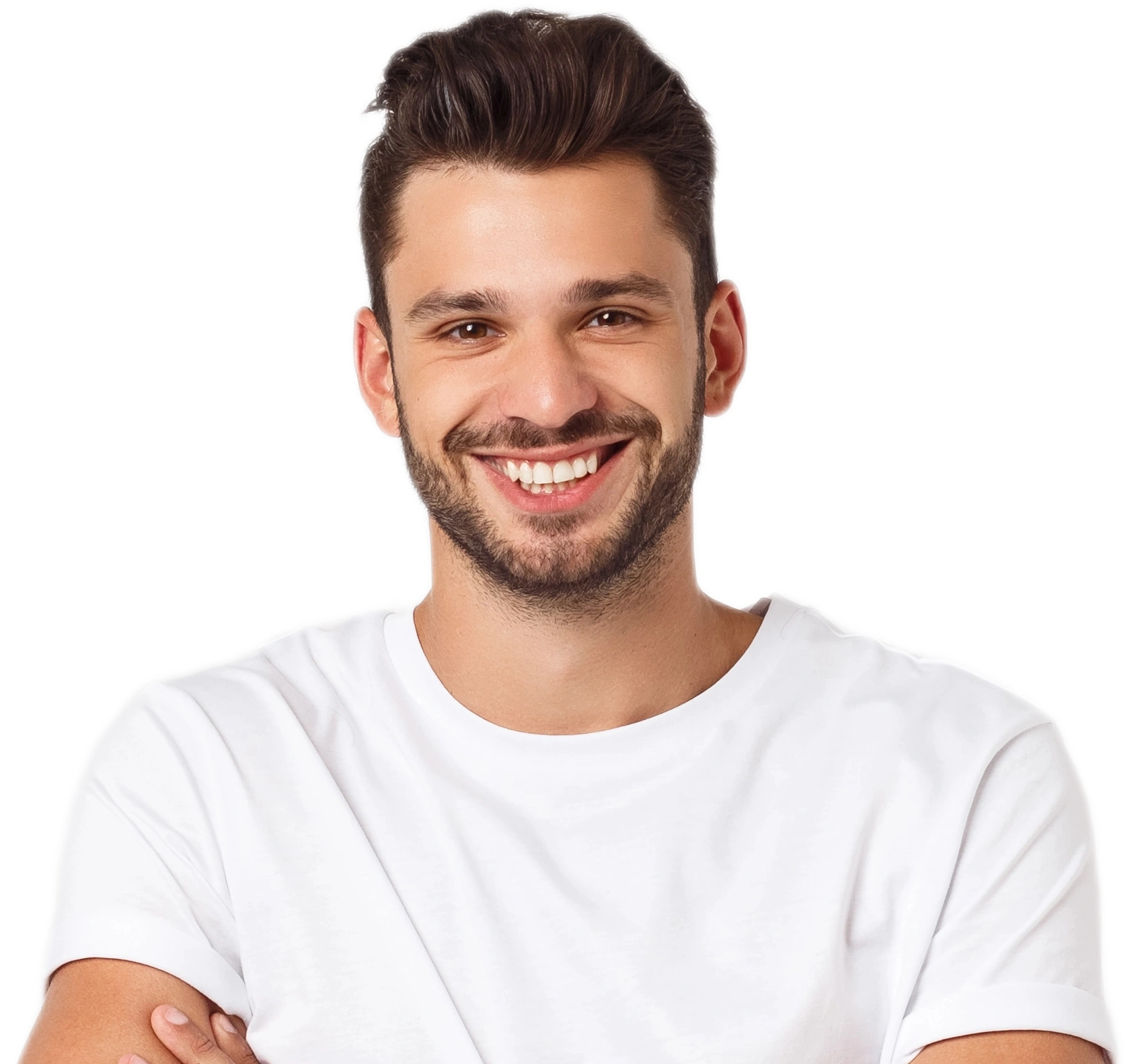 A young man with short brown hair and a beard, wearing a white t-shirt, smiles with arms crossed against a transparent background, sporting a relaxed Weber State vibe.