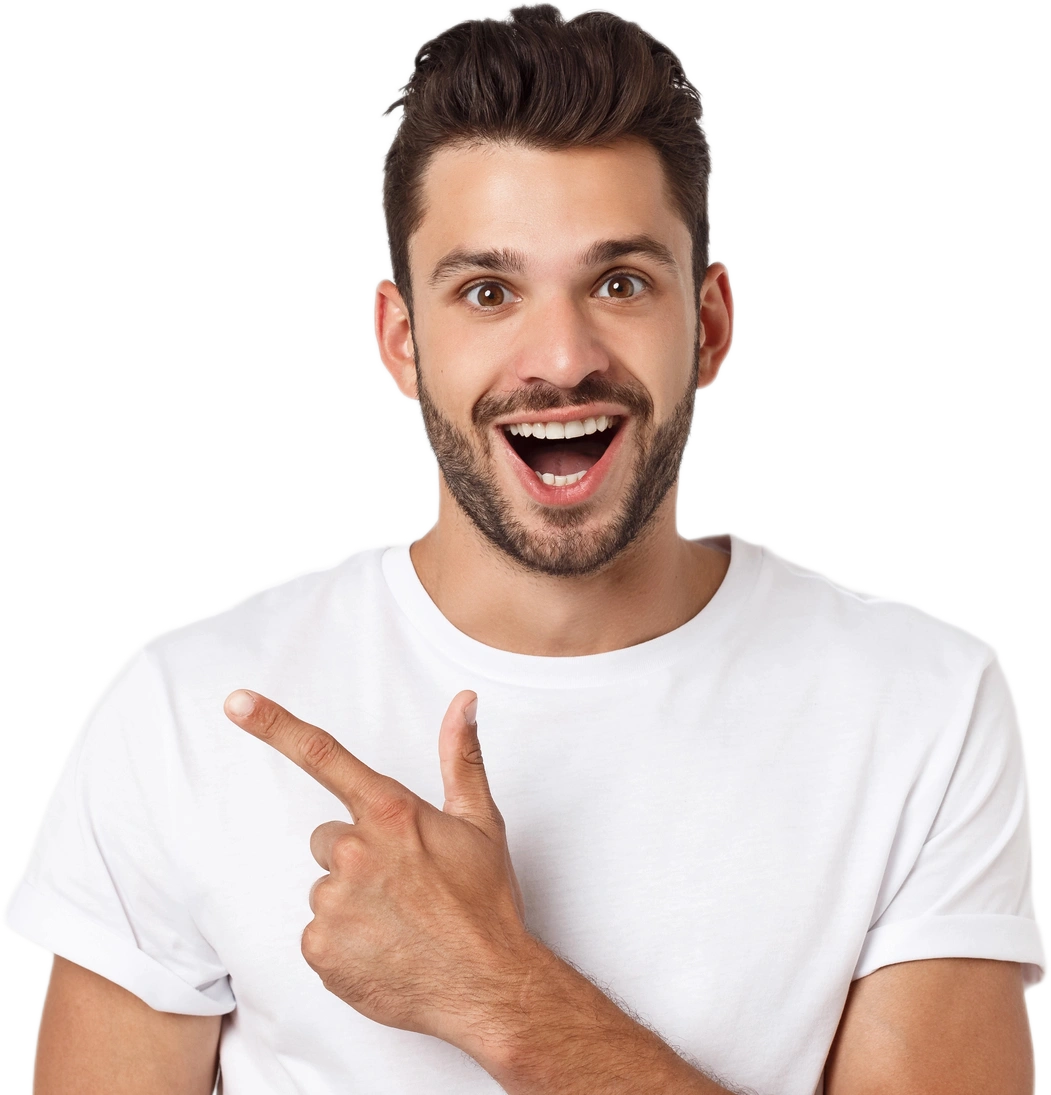 A man with dark hair and a beard, wearing a white t-shirt, smiles with his mouth open and points to his left, as if excited to share a special offer from Weber State.