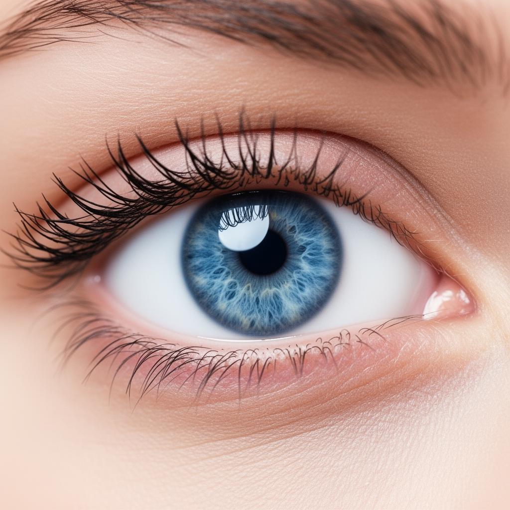 A close-up view of a blue human eye with detailed iris patterns, long eyelashes, and a well-groomed eyebrow, illustrating the benefits of advanced Dry Eye Therapy.
