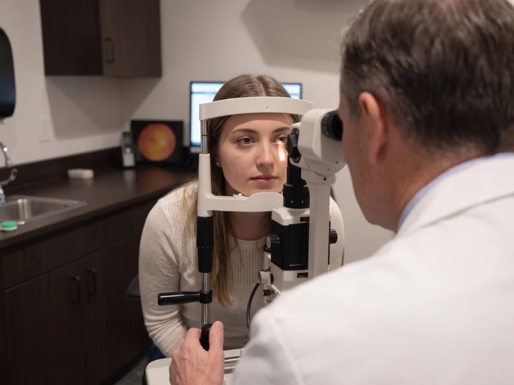 Optometrist performing a comprehensive contact lens exam on a female patient in Ogden, UT.