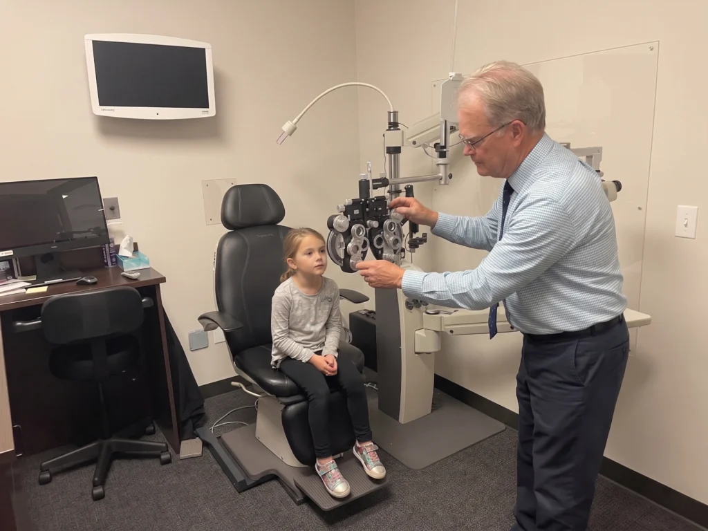 Optometrist performing an eye exam on a young patient using a phoropter in the Layton office.