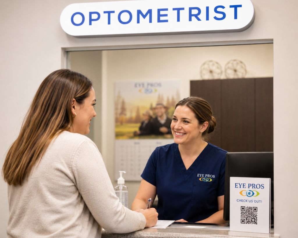 Patient checking in for a same-day eye exam with Eye Pros staff.