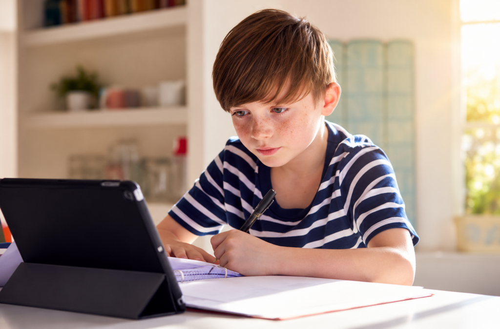 School-aged child using a tablet at home while doing homework