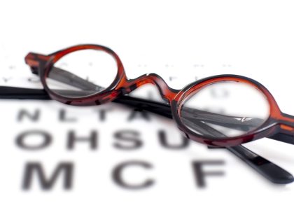 A pair of glasses sits on top of an eye chart, one of the signs you need glasses for vision problems.