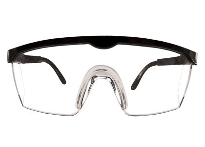 A pair of clear safety glasses to protect your vision, on a white background.