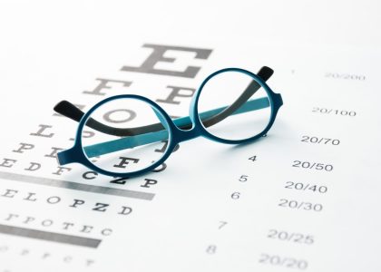 An eye chart with glasses on it for vision care.