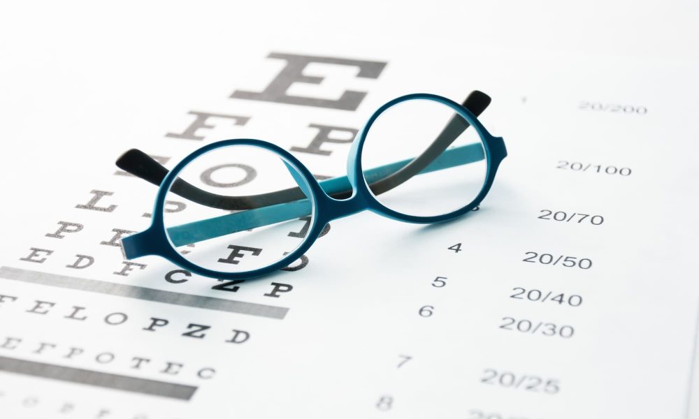 An eye chart with glasses on it for vision care.