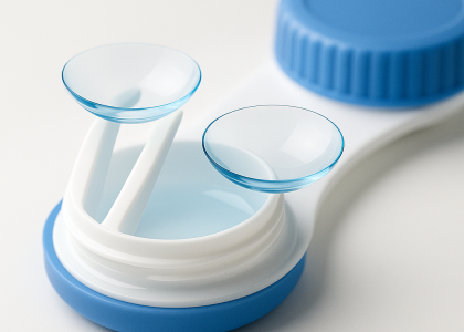 A pair of contact lenses rests on a white plastic contact lens case with blue lids.