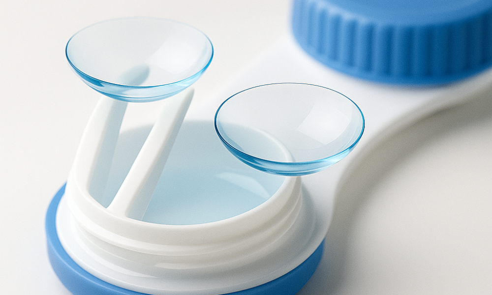 A pair of contact lenses rests on a white plastic contact lens case with blue lids.