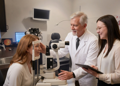 A male optometrist and his assistant performing a comprehensive eye exam on a middle-aged woman patient in a modern Ogden eye clinic