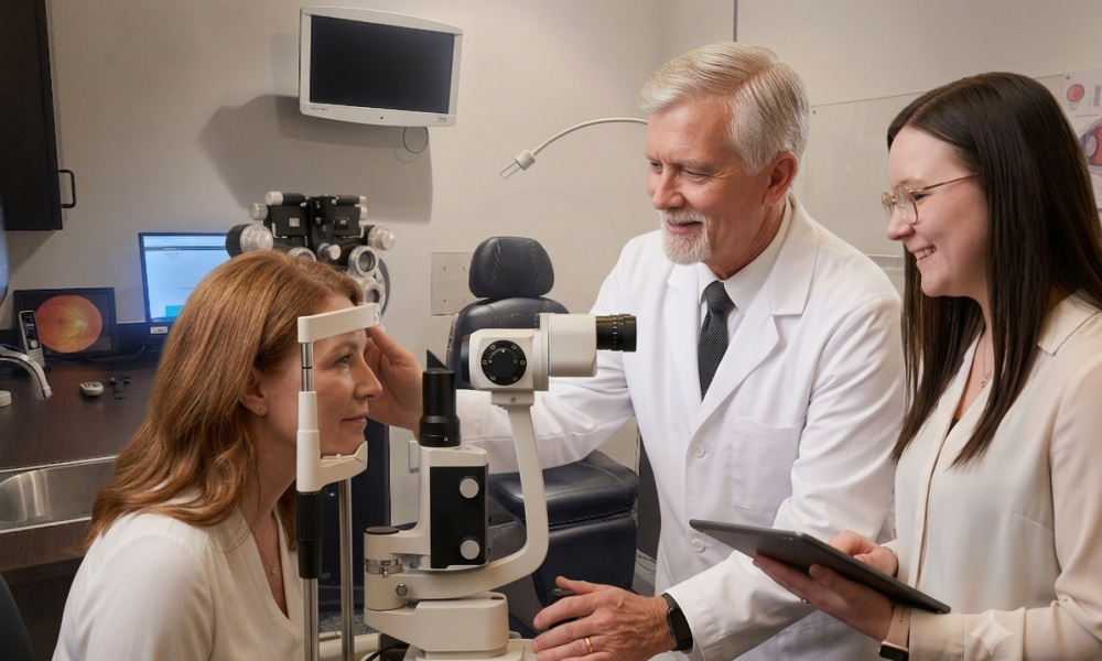 A male optometrist and his assistant performing a comprehensive eye exam on a middle-aged woman patient in a modern Ogden eye clinic