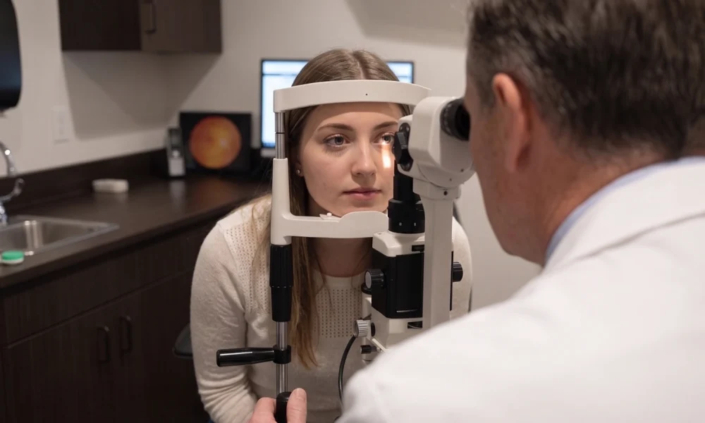 Optometrist performing a comprehensive contact lens exam on a female patient in Ogden, UT.