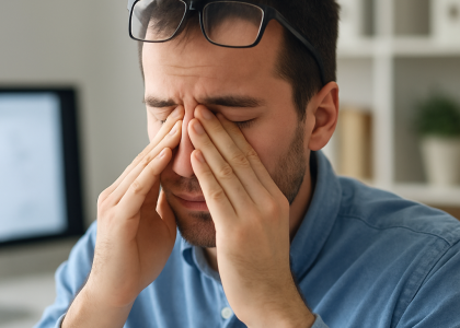 A man wearing glasses and a blue shirt sits indoors, rubbing his eyes with both hands, appearing tired—classic signs of digital eye strain. Logan eye experts can help reverse digital eye strain for lasting comfort.