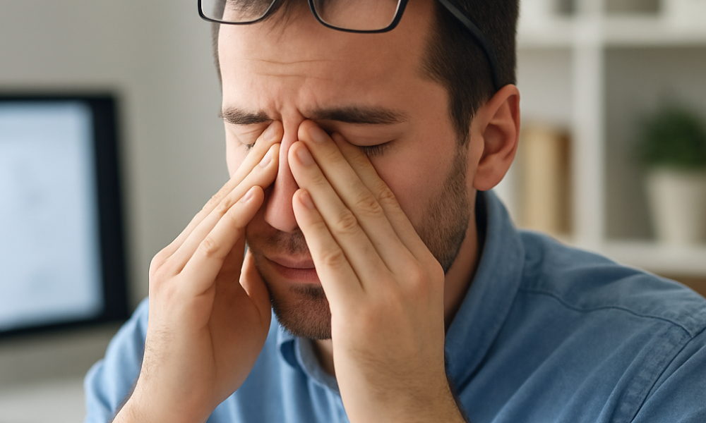 A man wearing glasses and a blue shirt sits indoors, rubbing his eyes with both hands, appearing tired—classic signs of digital eye strain. Logan eye experts can help reverse digital eye strain for lasting comfort.