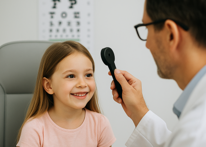 Una niña se sienta y sonríe mientras un oftalmólogo sostiene un oclusor frente a ella durante un examen ocular en Twin Falls; la detección temprana de problemas de visión en los niños es clave, con una tabla optométrica visible en el fondo.