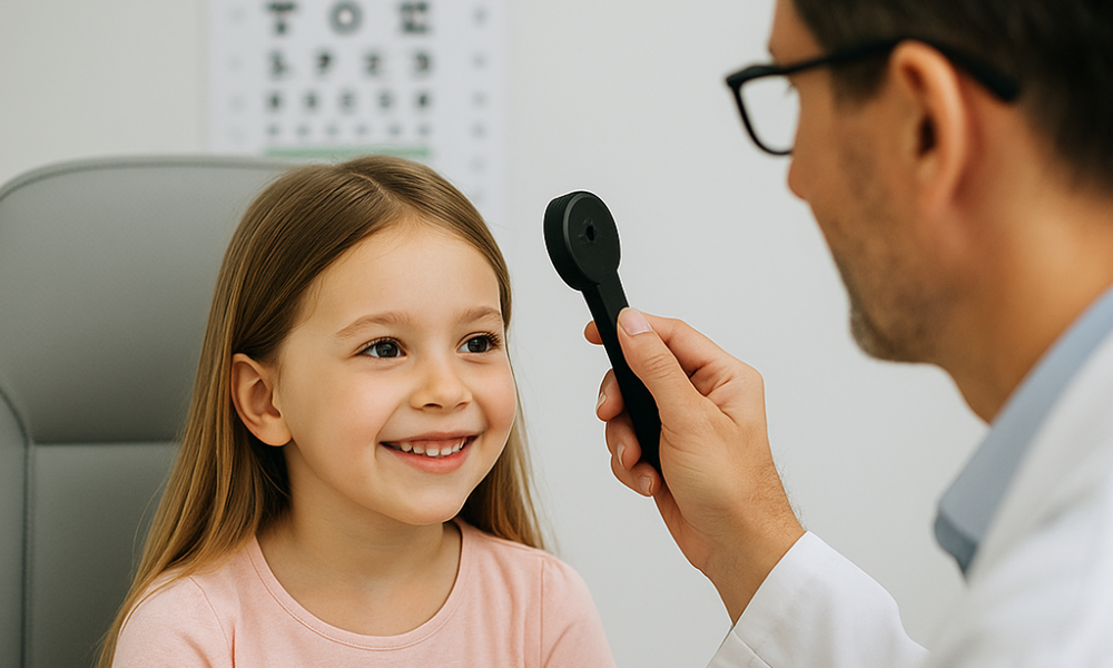 Una niña se sienta y sonríe mientras un oftalmólogo sostiene un oclusor frente a ella durante un examen ocular en Twin Falls; la detección temprana de problemas de visión en los niños es clave, con una tabla optométrica visible en el fondo.