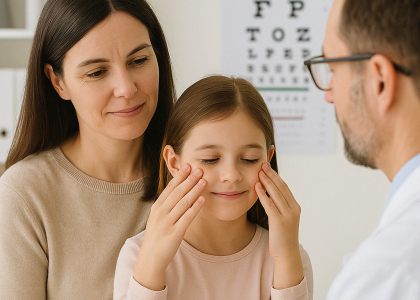 A doctor examines a young girl's face while an adult woman sits beside her, with an eye chart in the background—demonstrating compassionate family eye care at the best eye doctor in Spanish Fork.