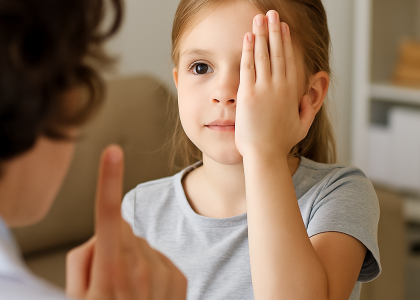 A young girl covers one eye with her hand while looking at an adult holding up a finger, likely during a vision test in Layton to check for early signs of vision problems in kids.