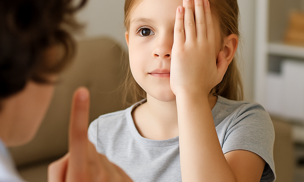A young girl covers one eye with her hand while looking at an adult holding up a finger, likely during a vision test in Layton to check for early signs of vision problems in kids.