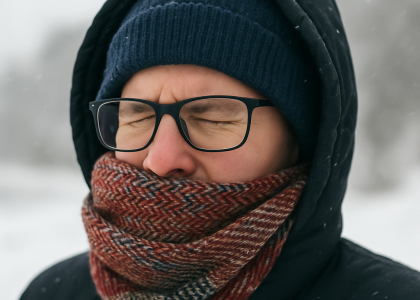 A person wearing glasses, a winter jacket, hat, and scarf stands outside with eyes closed, likely protecting their eyes from the cold and windy weather typical of Pocatello winters.