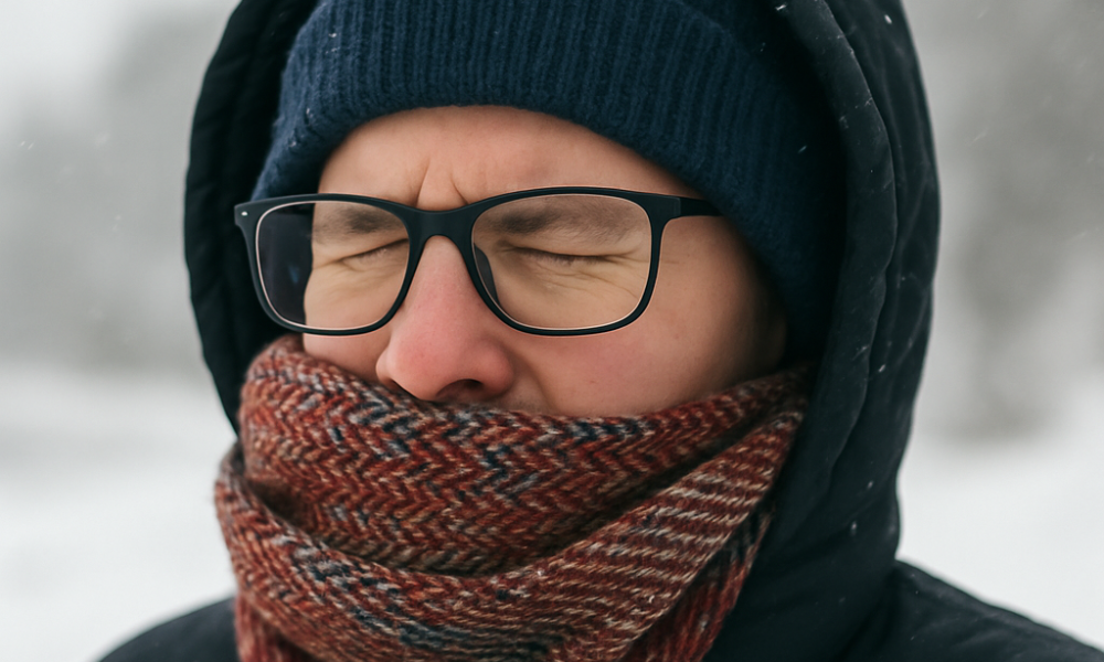 A person wearing glasses, a winter jacket, hat, and scarf stands outside with eyes closed, likely protecting their eyes from the cold and windy weather typical of Pocatello winters.