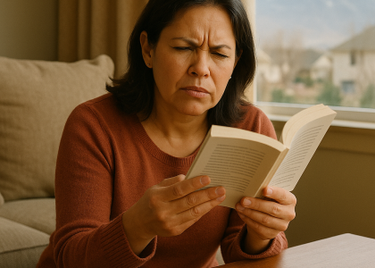A woman sits on a couch in Spanish Fork, squinting at a book she is reading while holding her reading glasses—perhaps noticing early signs of needing them more often.