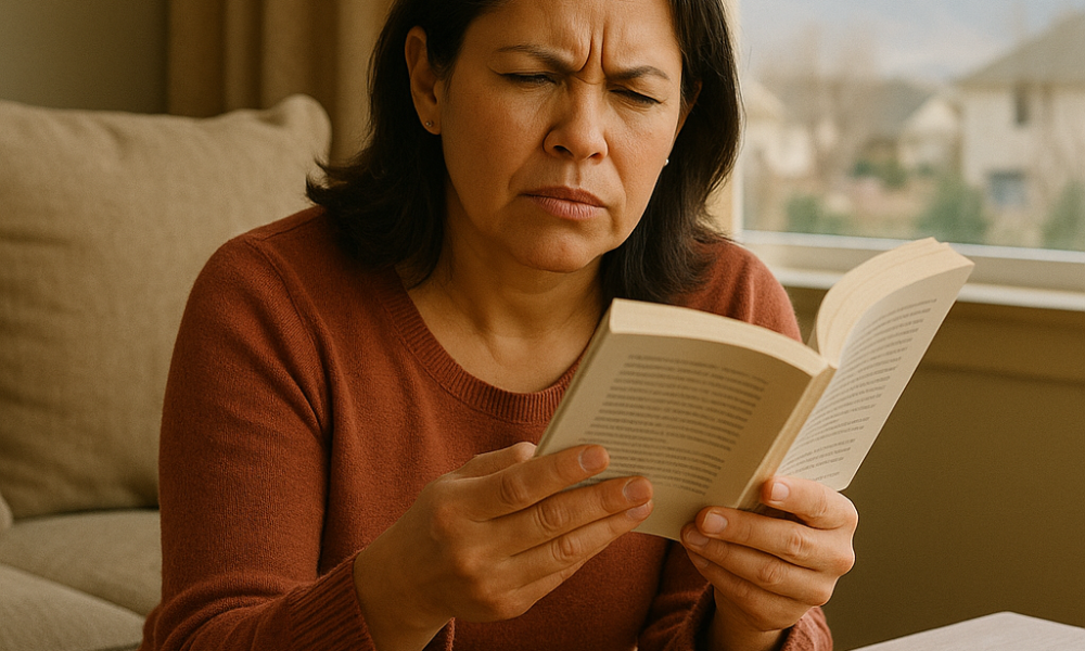A woman sits on a couch in Spanish Fork, squinting at a book she is reading while holding her reading glasses—perhaps noticing early signs of needing them more often.
