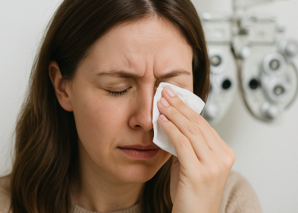 A woman with long brown hair holds a tissue to her closed eye, appearing to be in discomfort—possibly from dry eyes—with medical equipment visible in the background, suggesting she may be visiting Eye Specialists in Twin Falls.